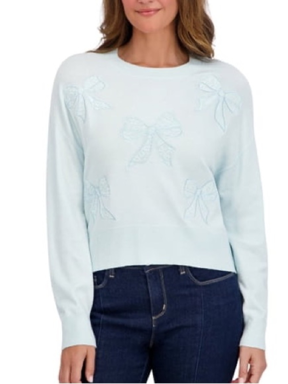 Light Blue Bow Applique Crewneck Sweater